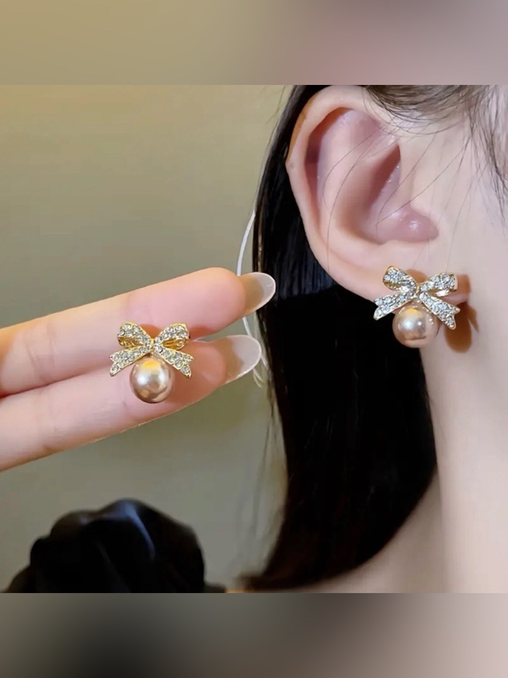 Beginning Boutique Gold Bow Pearl Drop Earrings with Champagne Pearl